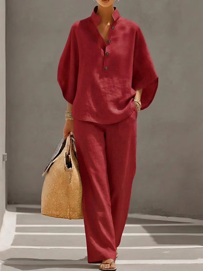 Grace | Women's Linen Kimono-Sleeve Mandarin Collar Top Wide-Leg Pants Set