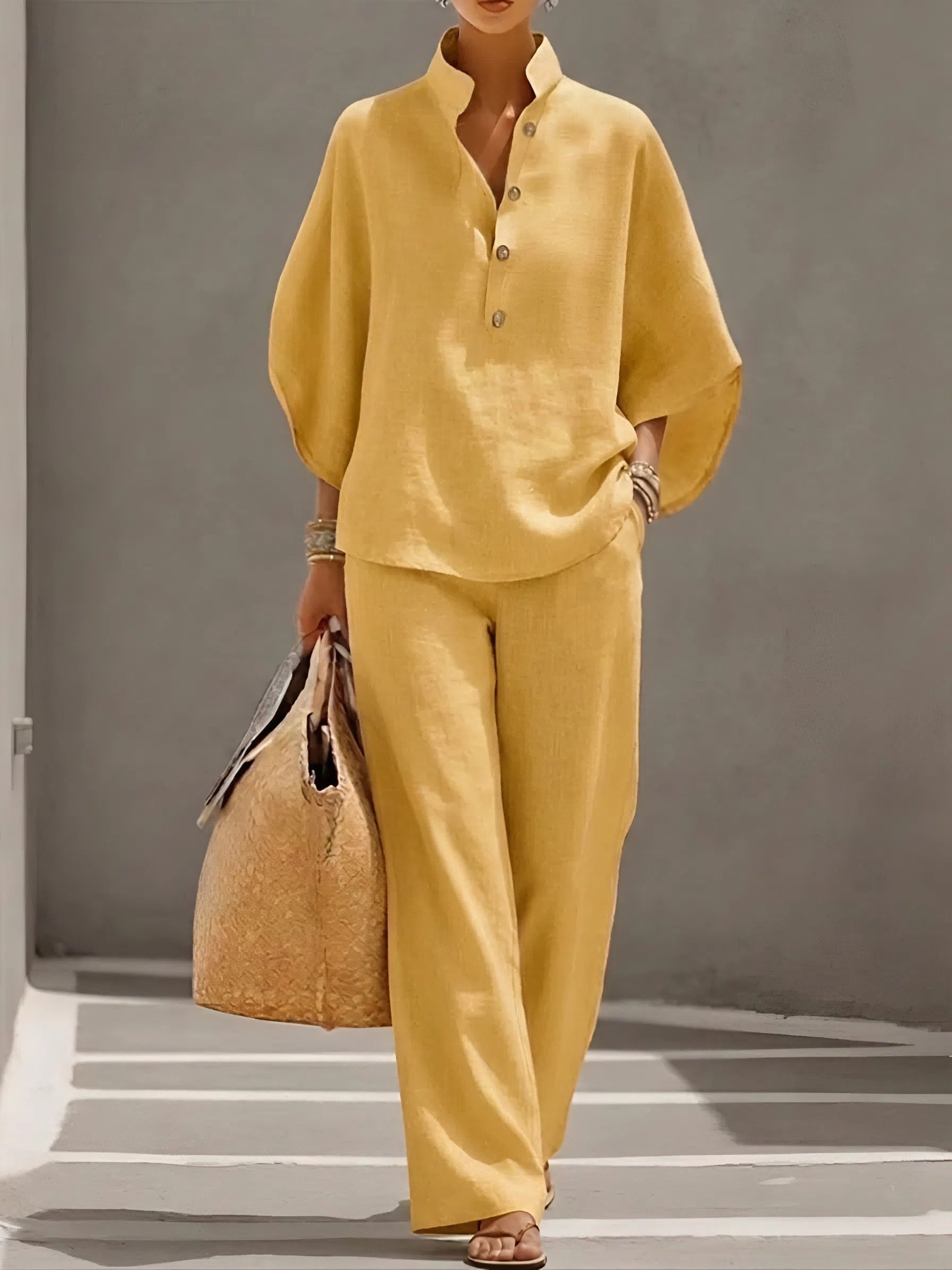 Grace | Women's Linen Kimono-Sleeve Mandarin Collar Top Wide-Leg Pants Set