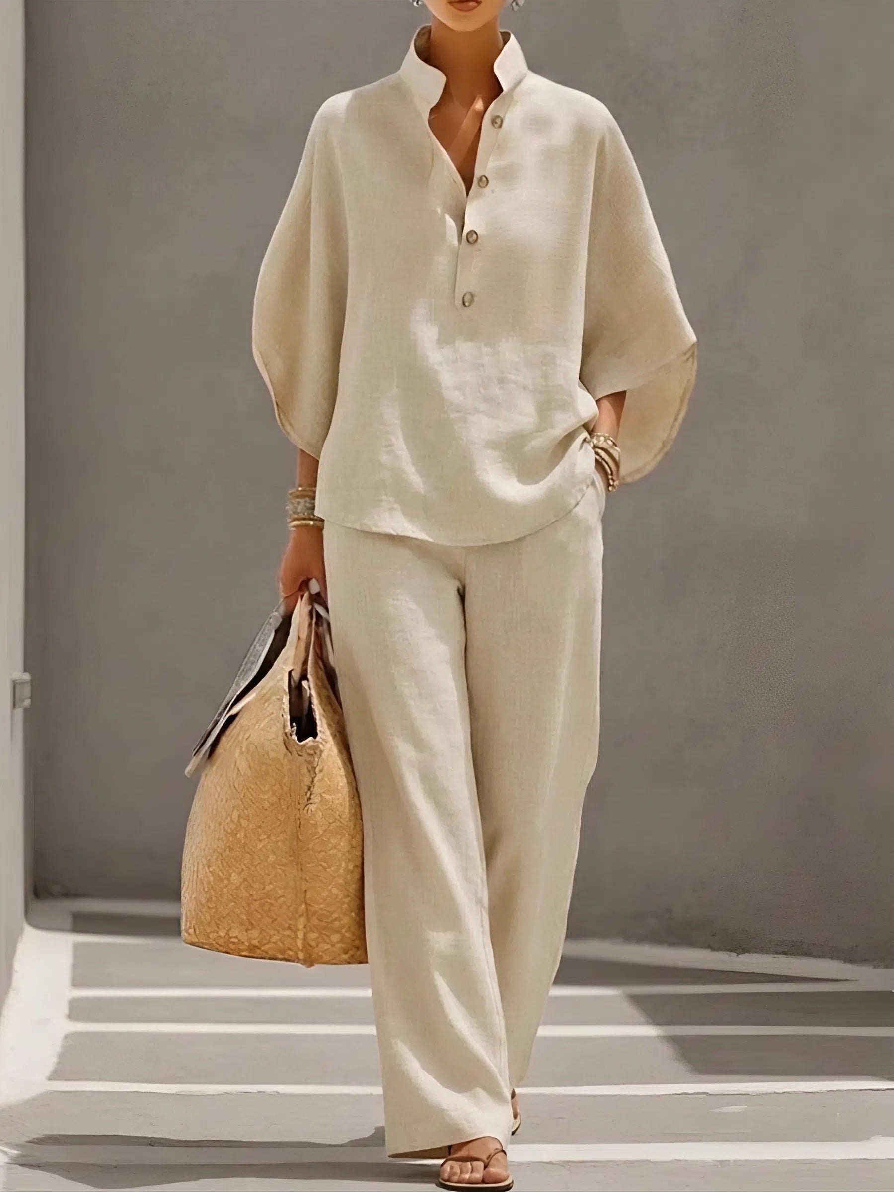 Grace | Women's Linen Kimono-Sleeve Mandarin Collar Top Wide-Leg Pants Set